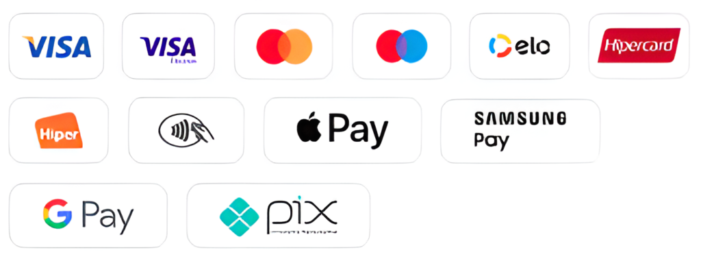 Formas de pagamento aceitas pela InfinitePay: Visa, Mastercard, Elo, Hipercard, Apple Pay, Samsung Pay, Google Pay e Pix